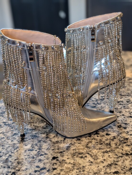 Azalea Wang Shoes - Silver Crystal Fringe Stiletto Ankle Boots